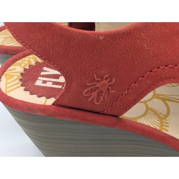 Fly London Ylfa Scarlet Red Leather Lace up Comfort Wedge Sandals Sz 40 - Picture 4 of 8
